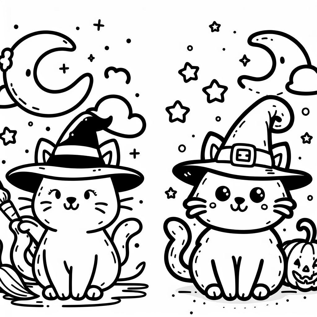 'a white cat wearing a witches hat' Coloring Page | bubbely