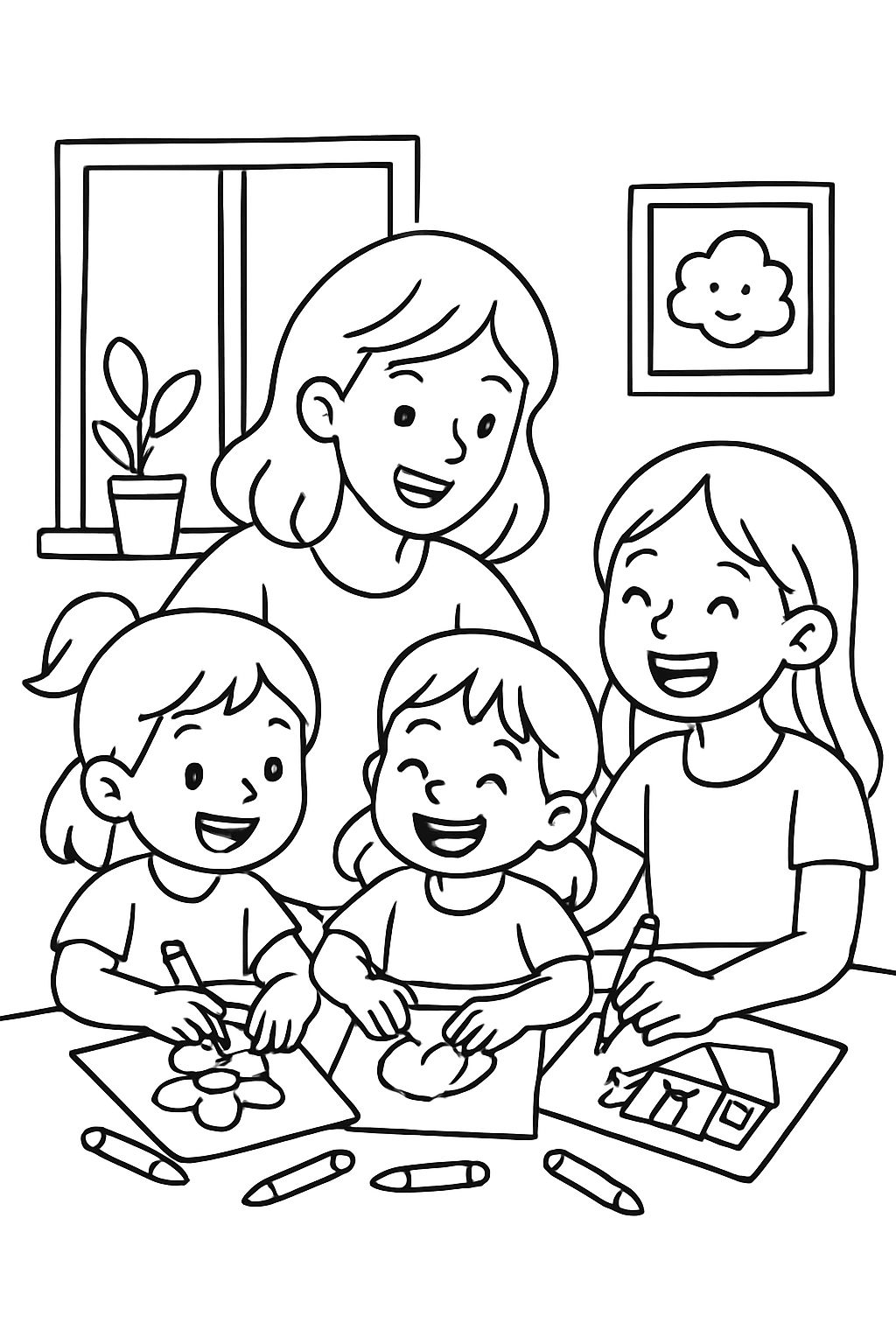 Three sisters aged 3, 6, and 7, and their mom, coloring together.