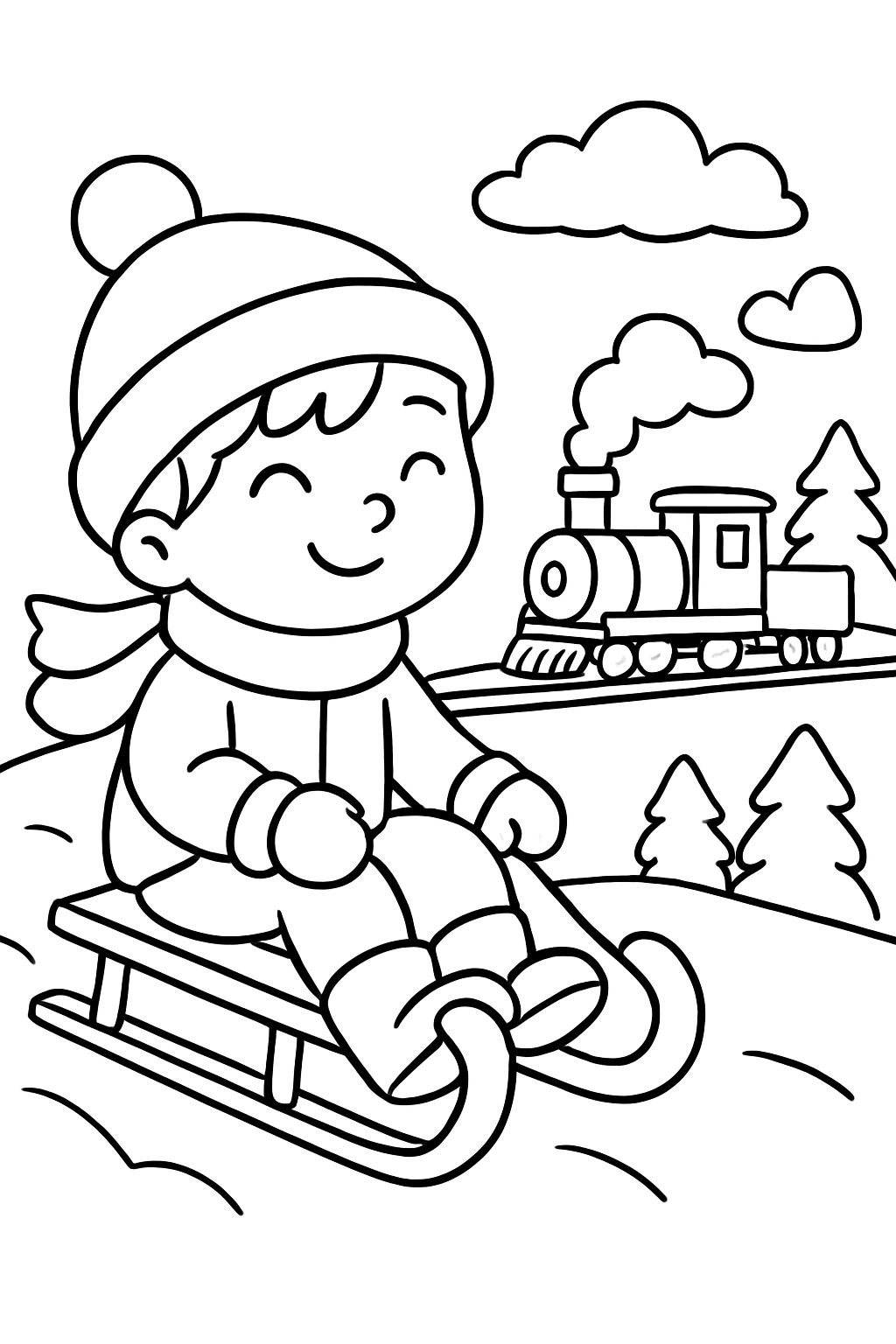 kind beim schlittenfahren mit einem zug im hintergrund kind beim schlittenfahren mit einem zug im hintergrund