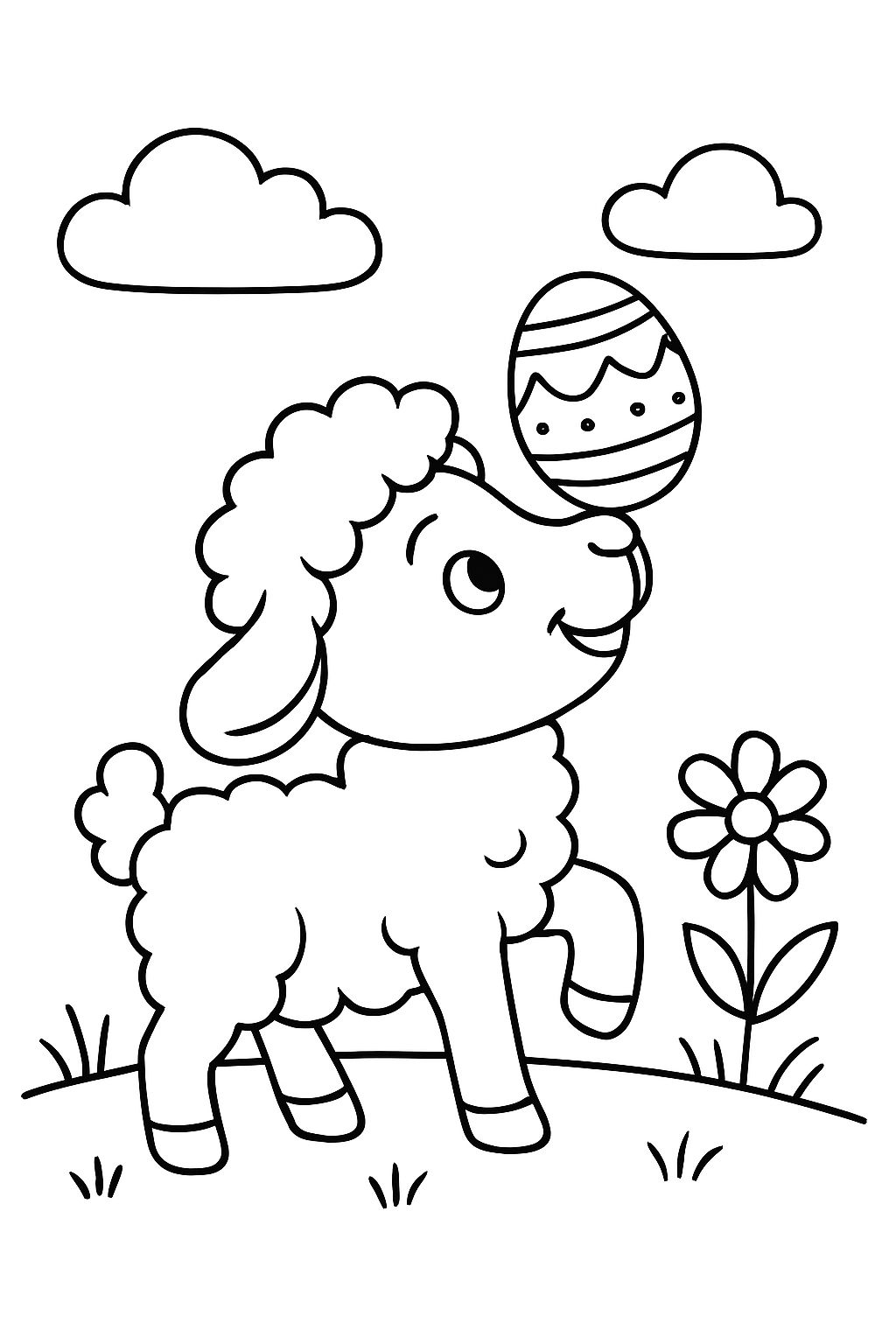 Le agneau équilibre un œuf de Pâques sur son nez