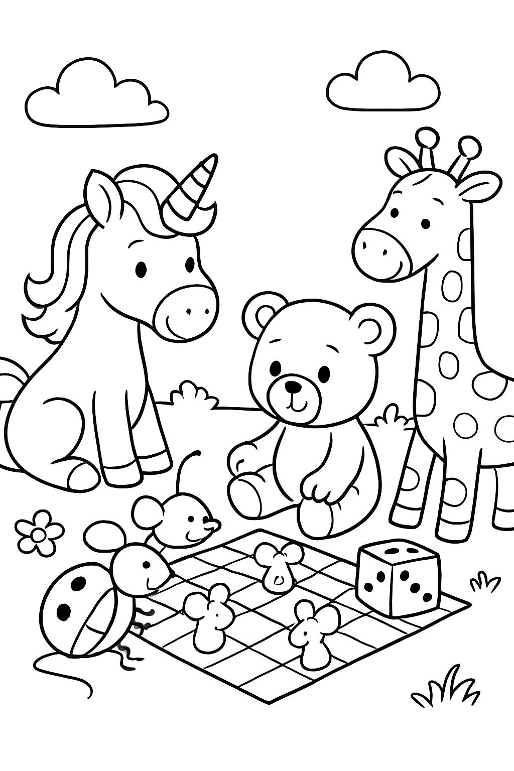 Une licorne, un insecte, un ours en peluche et une girafe jouent à un jeu de dés avec des pions qui ressemblent à des souris.