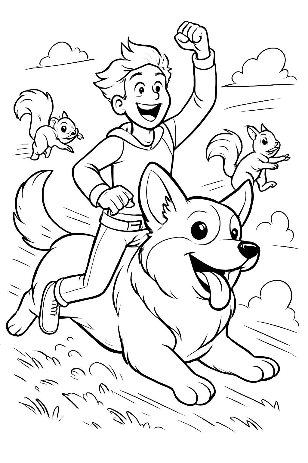A guy riding a corgi with squirrels chasing.