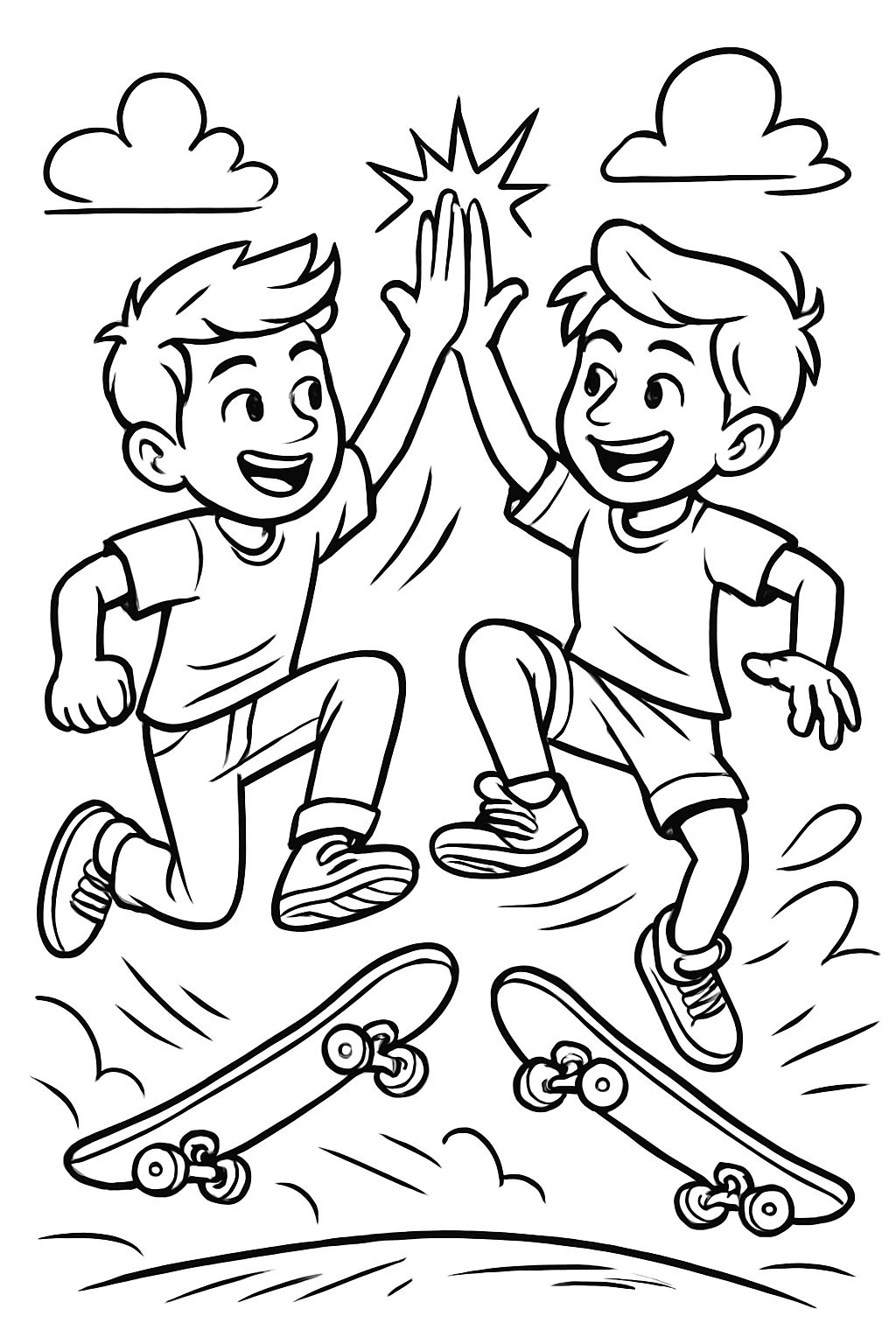 2 garçons se tapent dans la main en sautant dans les airs en réalisant un cool trick