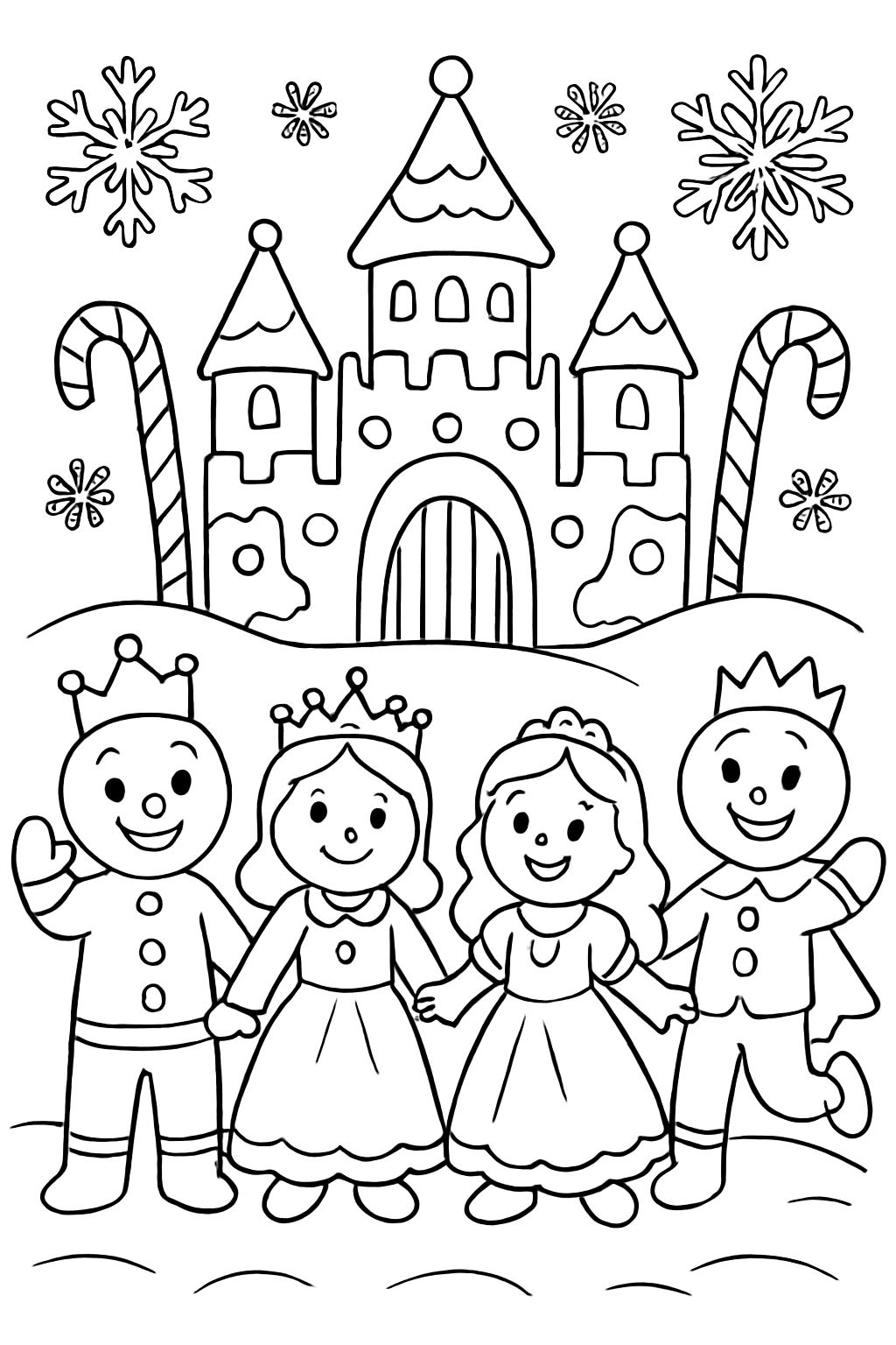 Un château en pain d'épice avec une reine, un roi, une princesse et un prince en pain d'épice. Et des décorations en canne en sucre et des flocons de neige en glaçage.