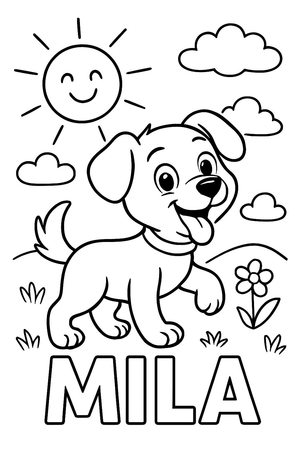 Chien au soleil avec le nom Mila en bas
