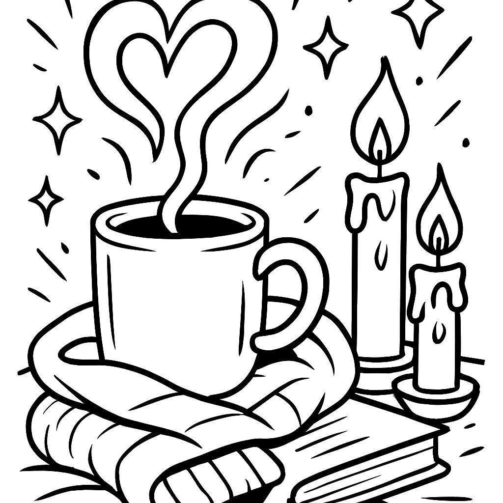 Una taza humeante al lado de velas brillantes, con chispas que se elevan en el aire. Un remolino de vapor en forma de corazón, y tal vez una manta acogedora o un libro al lado. Una taza humeante al lado de velas brillantes, con chispas que se elevan en el aire. Un remolino de vapor en forma de corazón, y tal vez una manta acogedora o un libro al lado.