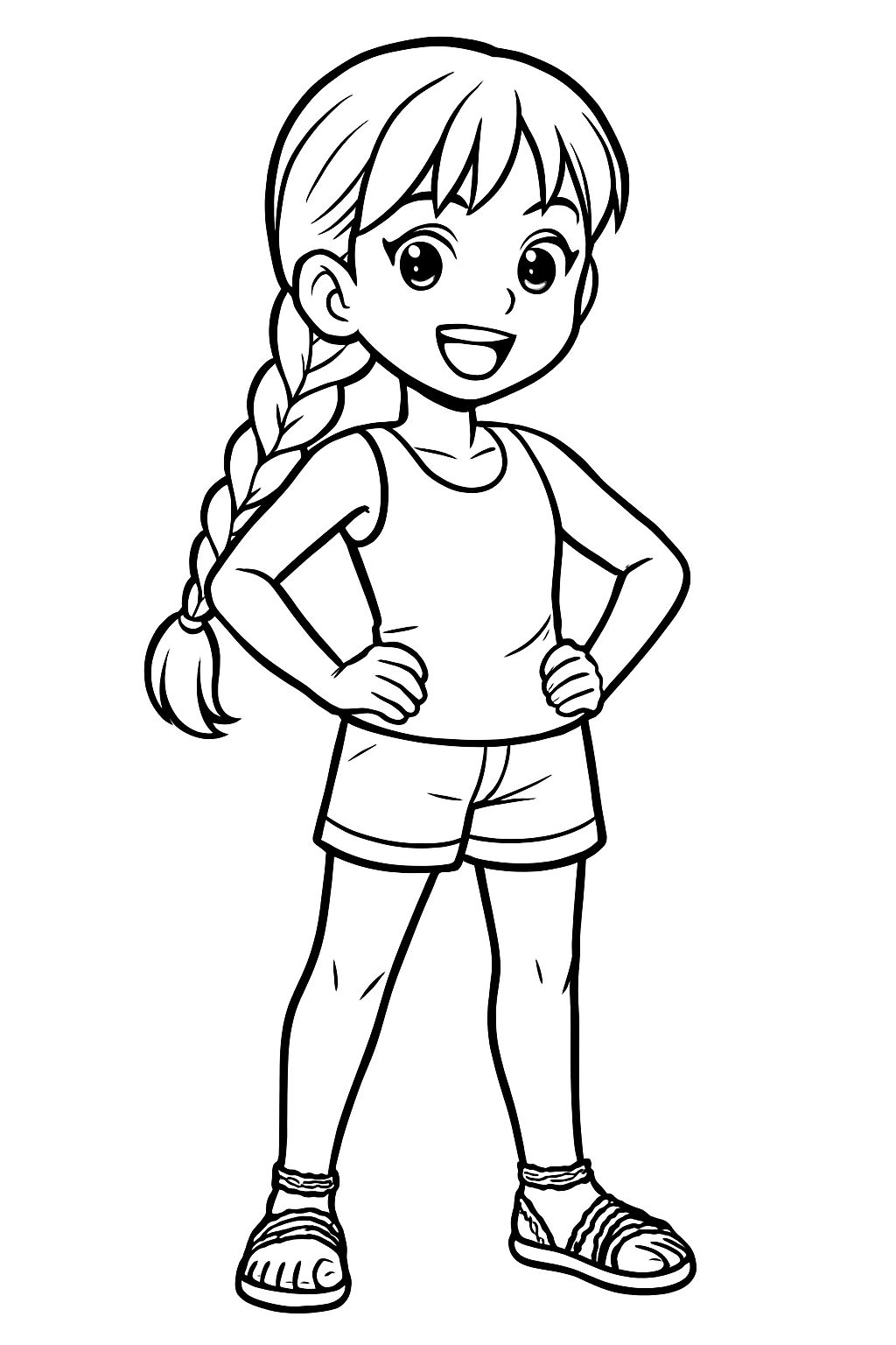 I want a character, a girl with a braided hairstyle in manga style, wearing a tank top and shorts with braided sandals. With a white background and in a standing position. I want a character, a girl with a braided hairstyle in manga style, wearing a tank top and shorts with braided sandals. With a white background and in a standing position.