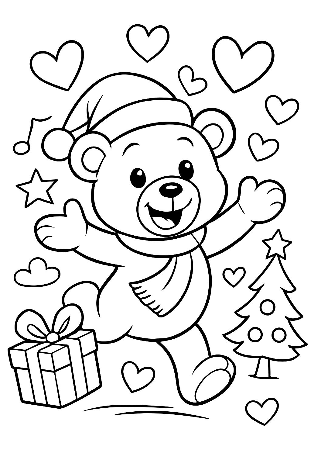 un ours en peluche avec des cœurs et des motifs de Noël