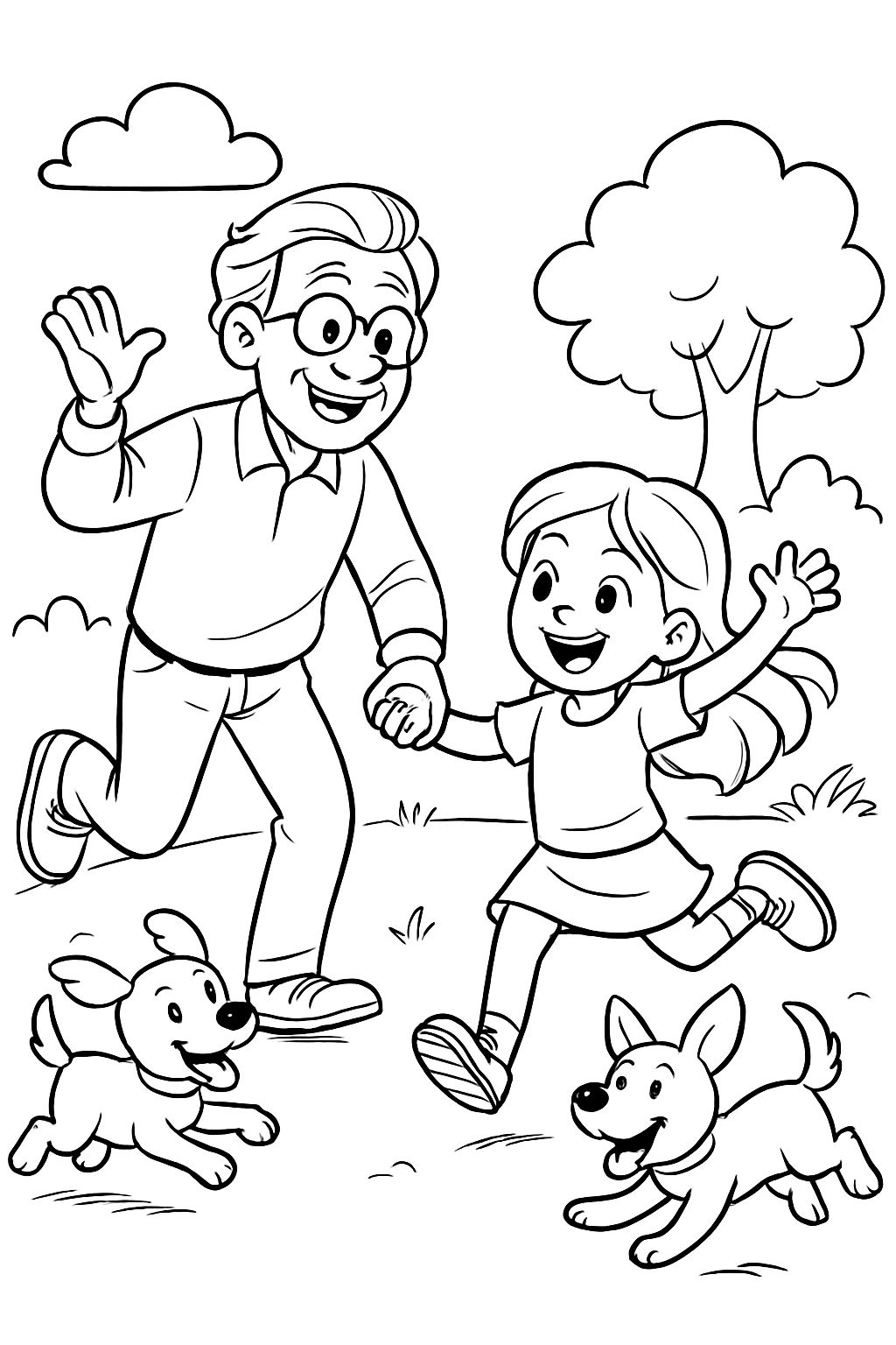 Grandpa (with hair) and granddaughter and two small dogs Grandpa (with hair) and granddaughter and two small dogs