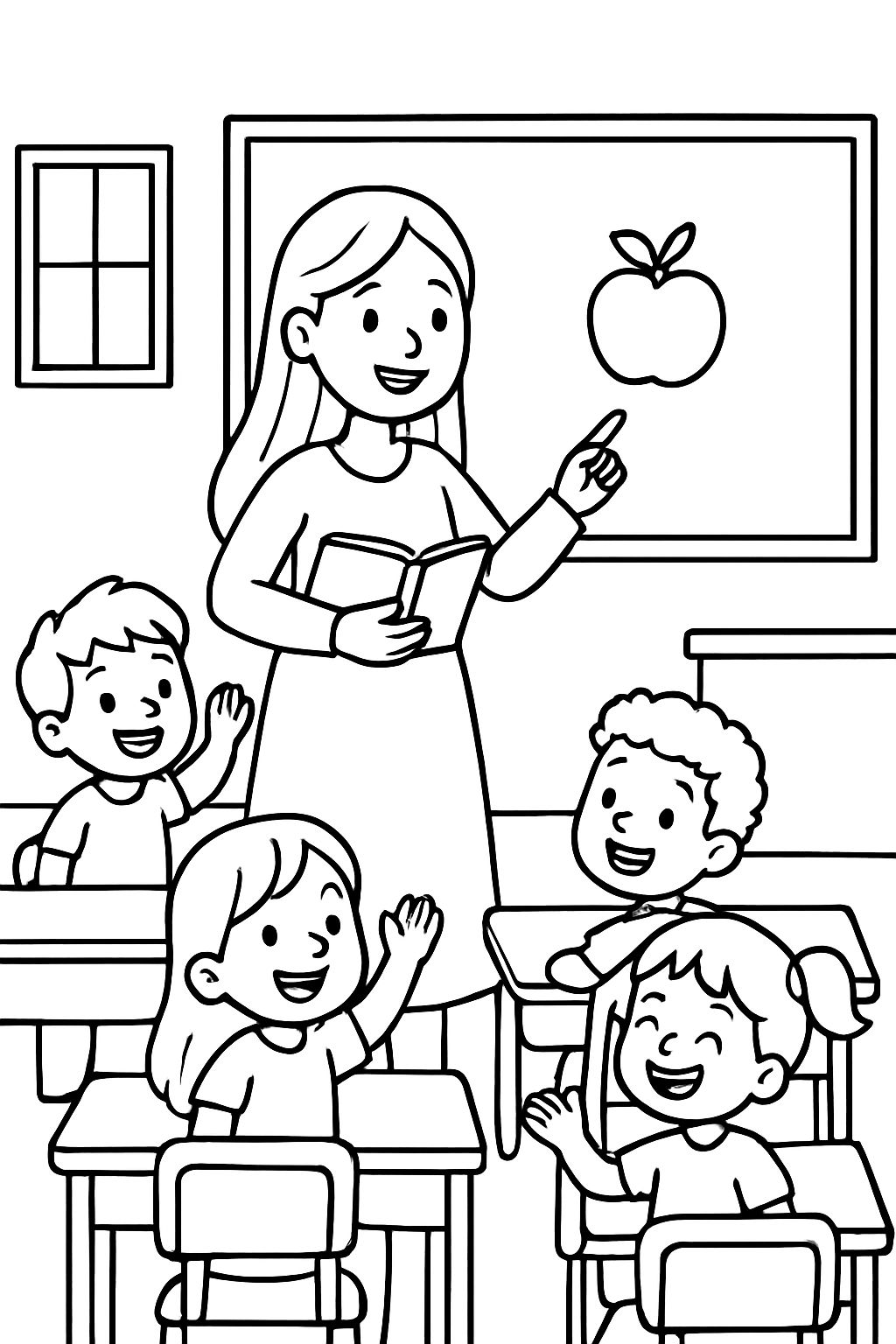 Eine Lehrerin mit langen Haaren, die lächelnd ihren Schülern und Schülerinnen in einem Klassenzimmer horizontal unterrichtet. Eine Lehrerin mit langen Haaren, die lächelnd ihren Schülern und Schülerinnen in einem Klassenzimmer horizontal unterrichtet.