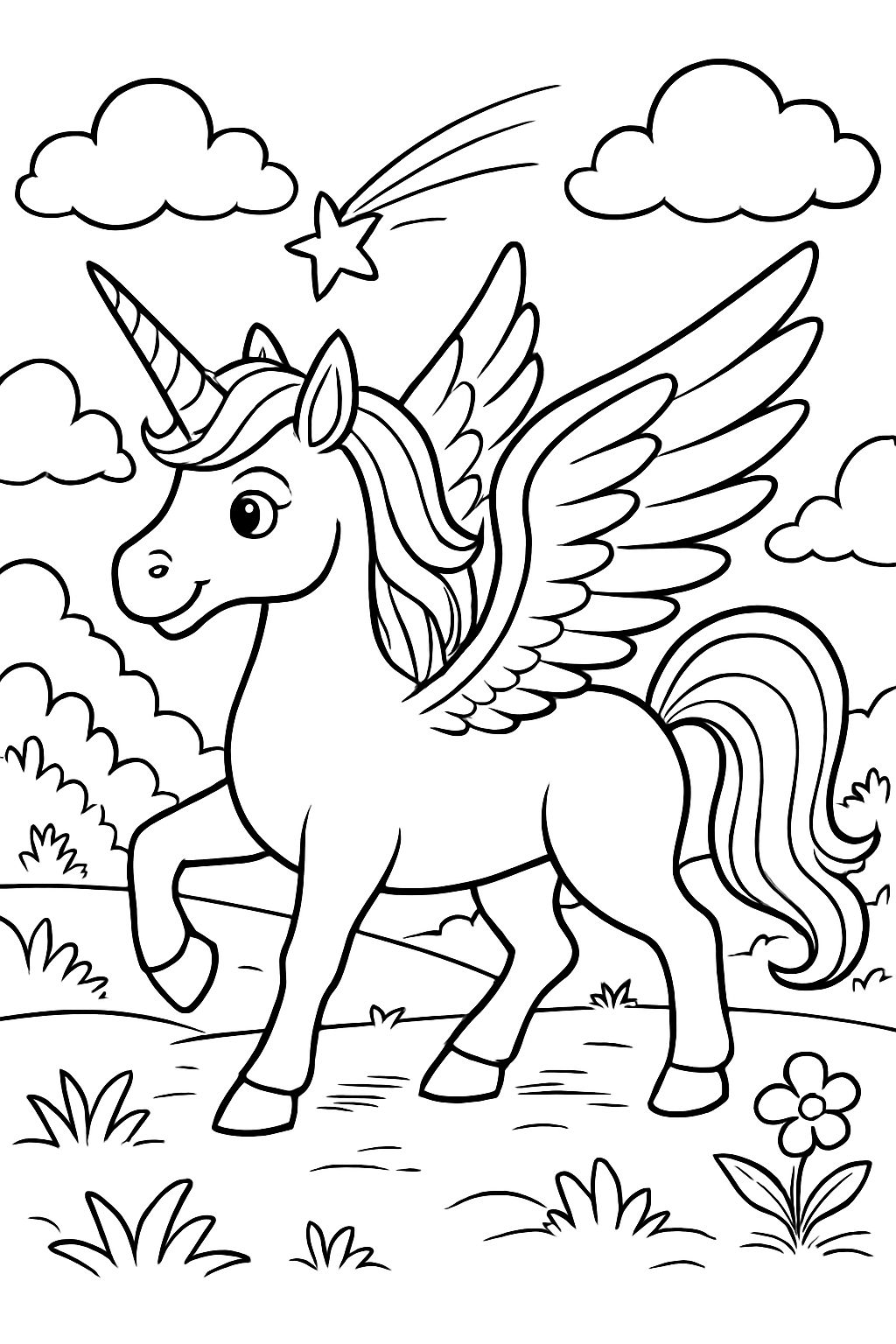 Unicorn standing with wings side view all hooves on the ground