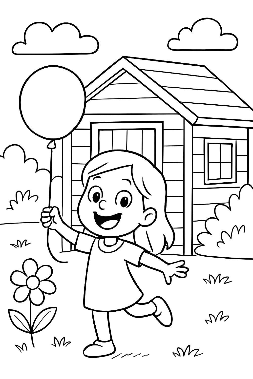 Eine Scheune mit einem kleinen Mädchen, das einen Ballon hält