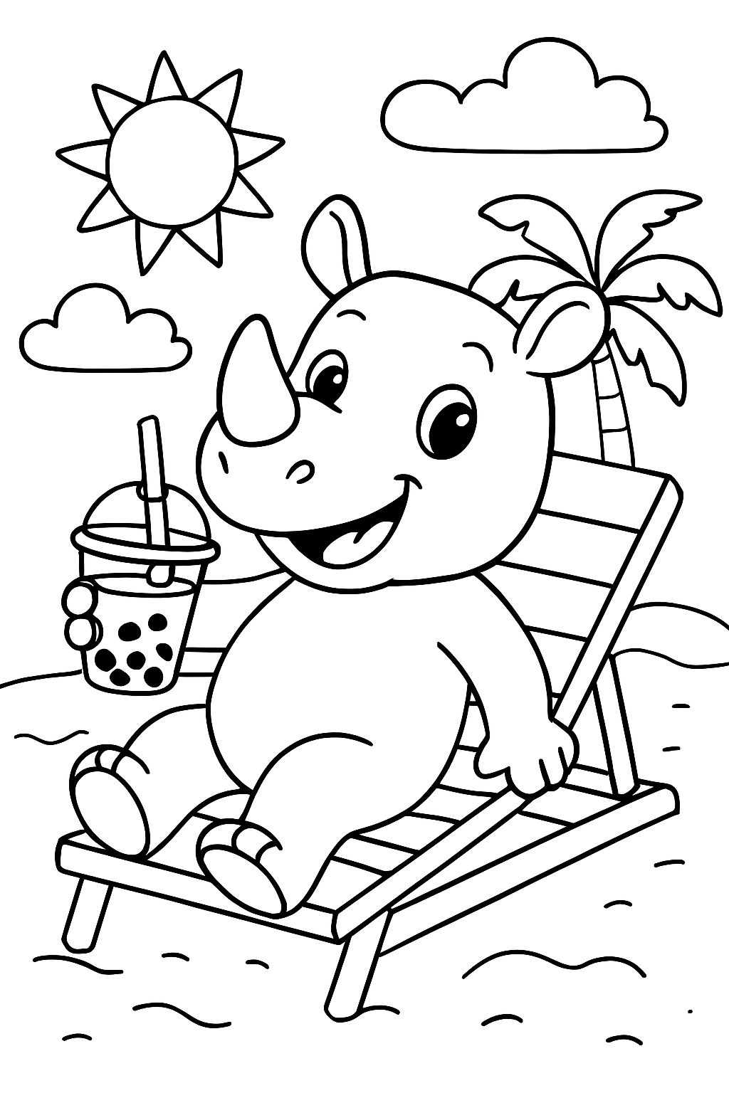 a rhino sitting on a sun lounger drinking bubble tea