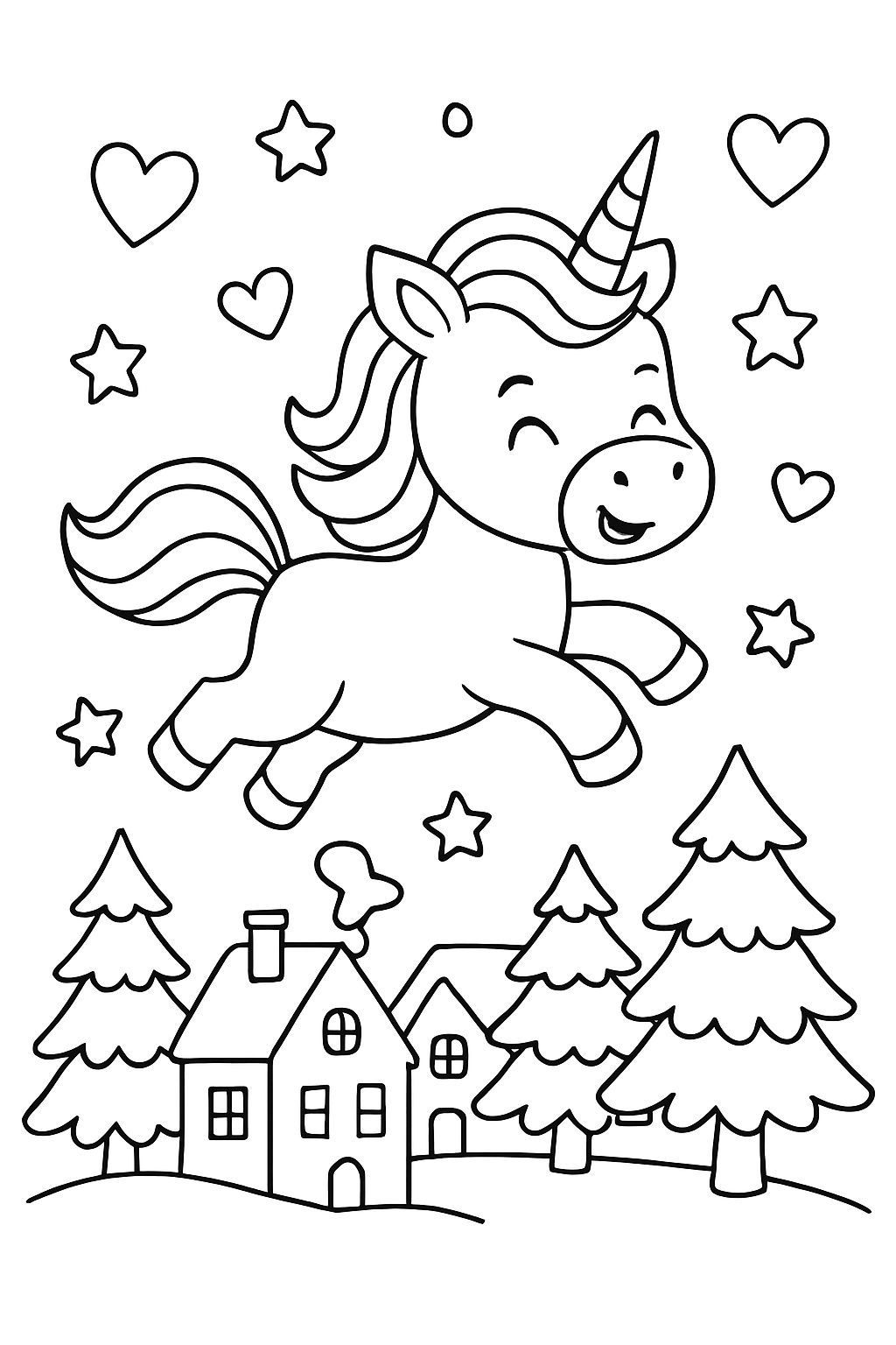 Une licorne volant au-dessus d'un village avec des sapins de Noël en dessous, et des cœurs et des étoiles dans le ciel.