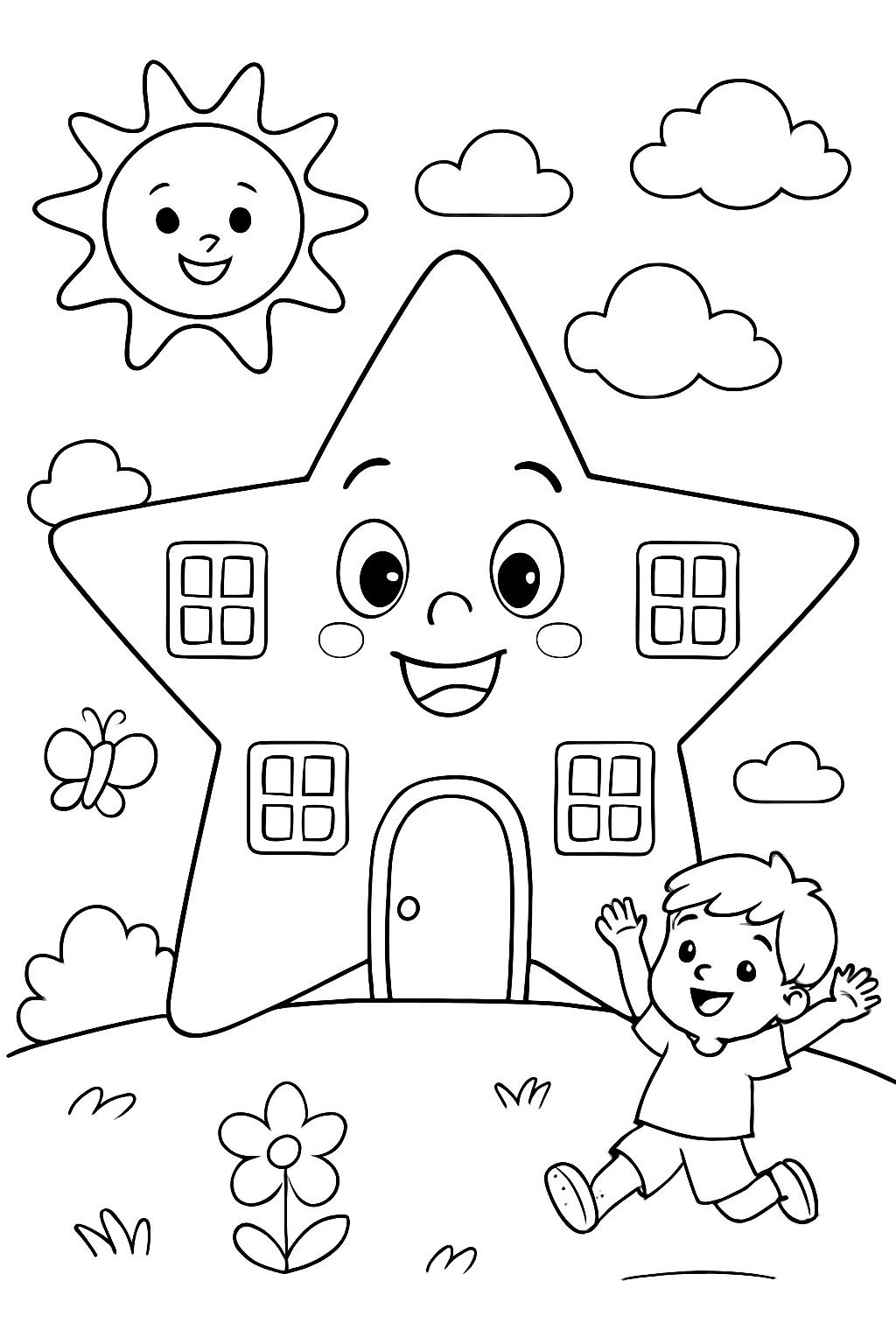 Une grande étoile avec une porte et quatre fenêtres