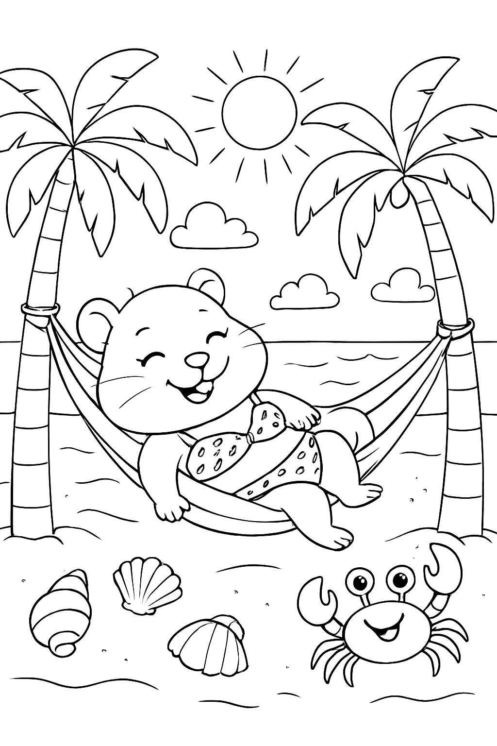 a guinea pig in a bikini at the beach with palm trees, shells, and a crab, the guinea pig is lying in a hammock
