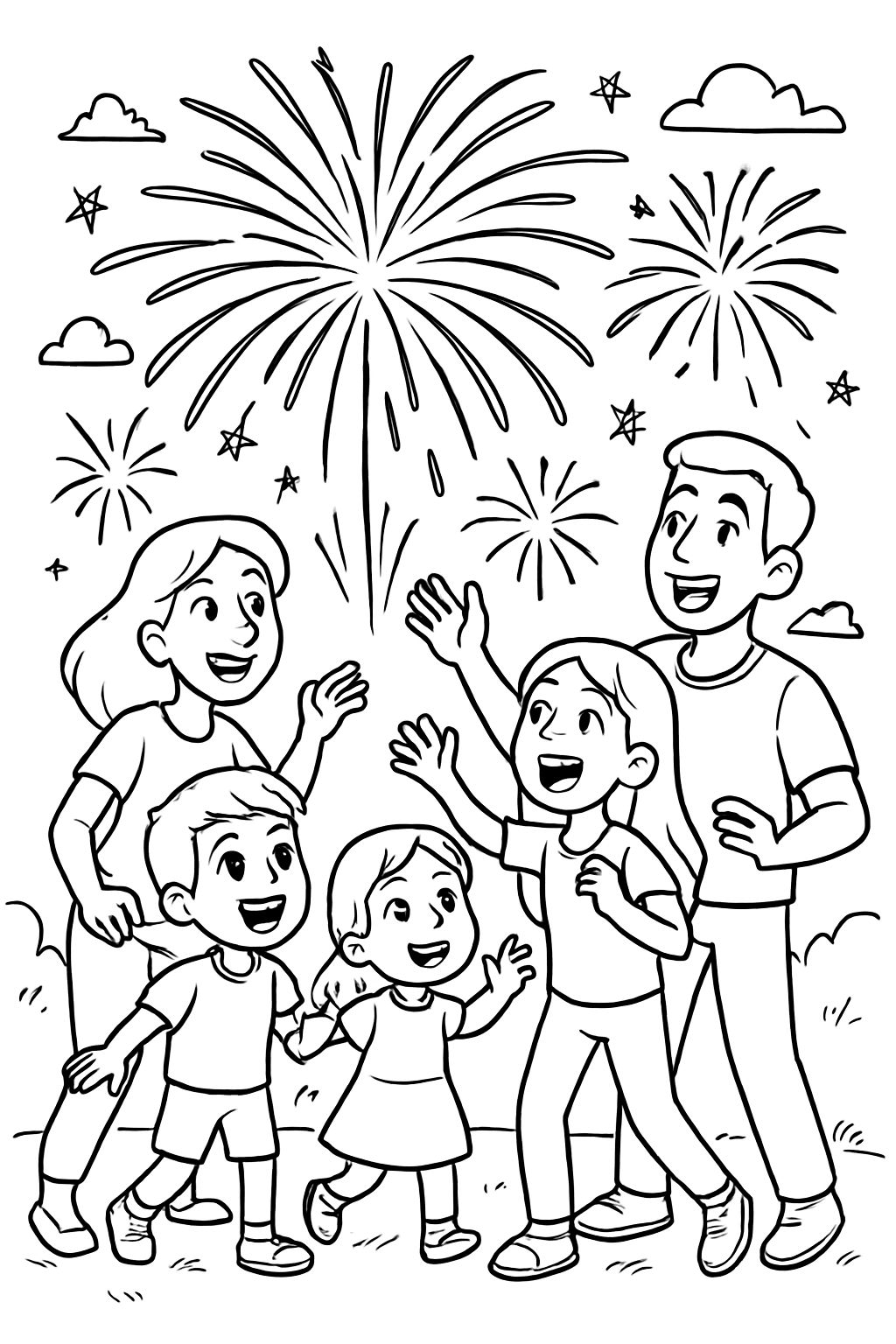 A firework display observed by a family with mom, dad, a teenage girl, a middle boy, and a little girl. A firework display observed by a family with mom, dad, a teenage girl, a middle boy, and a little girl.