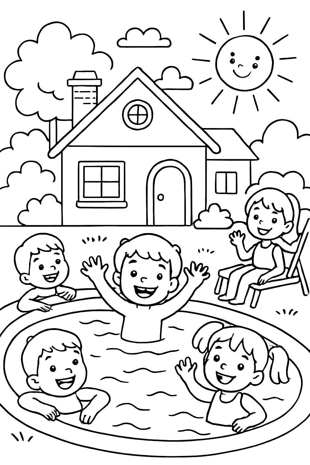 House with a pool, sun shining, pool full of kids