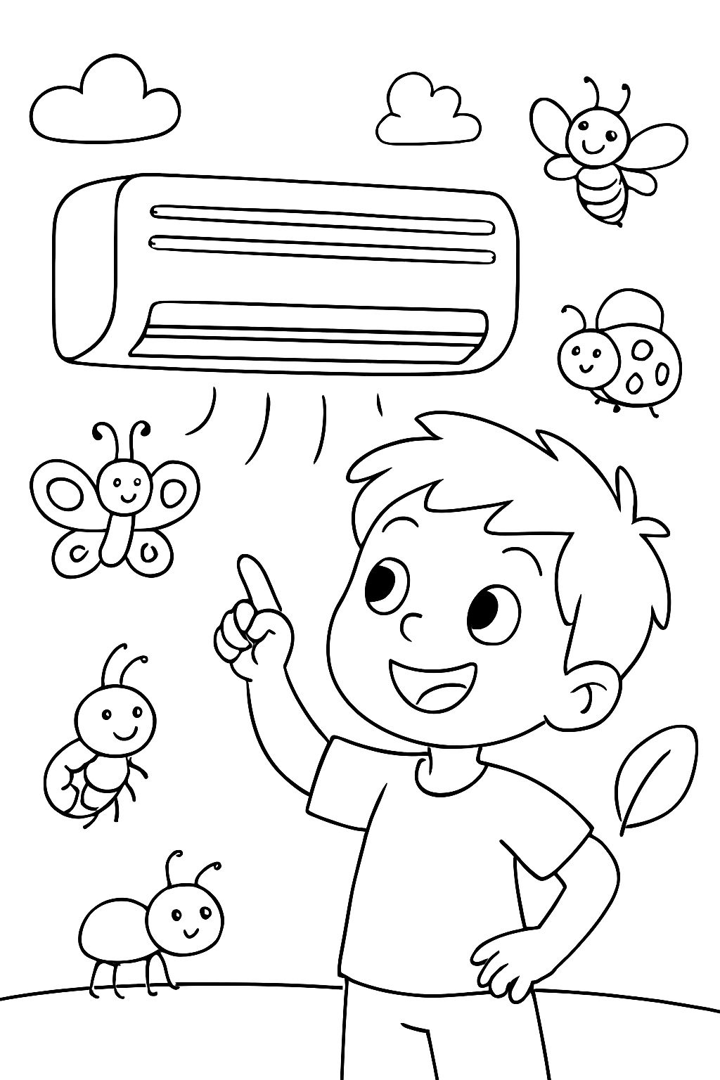 air conditioner with little boy and cute bugs