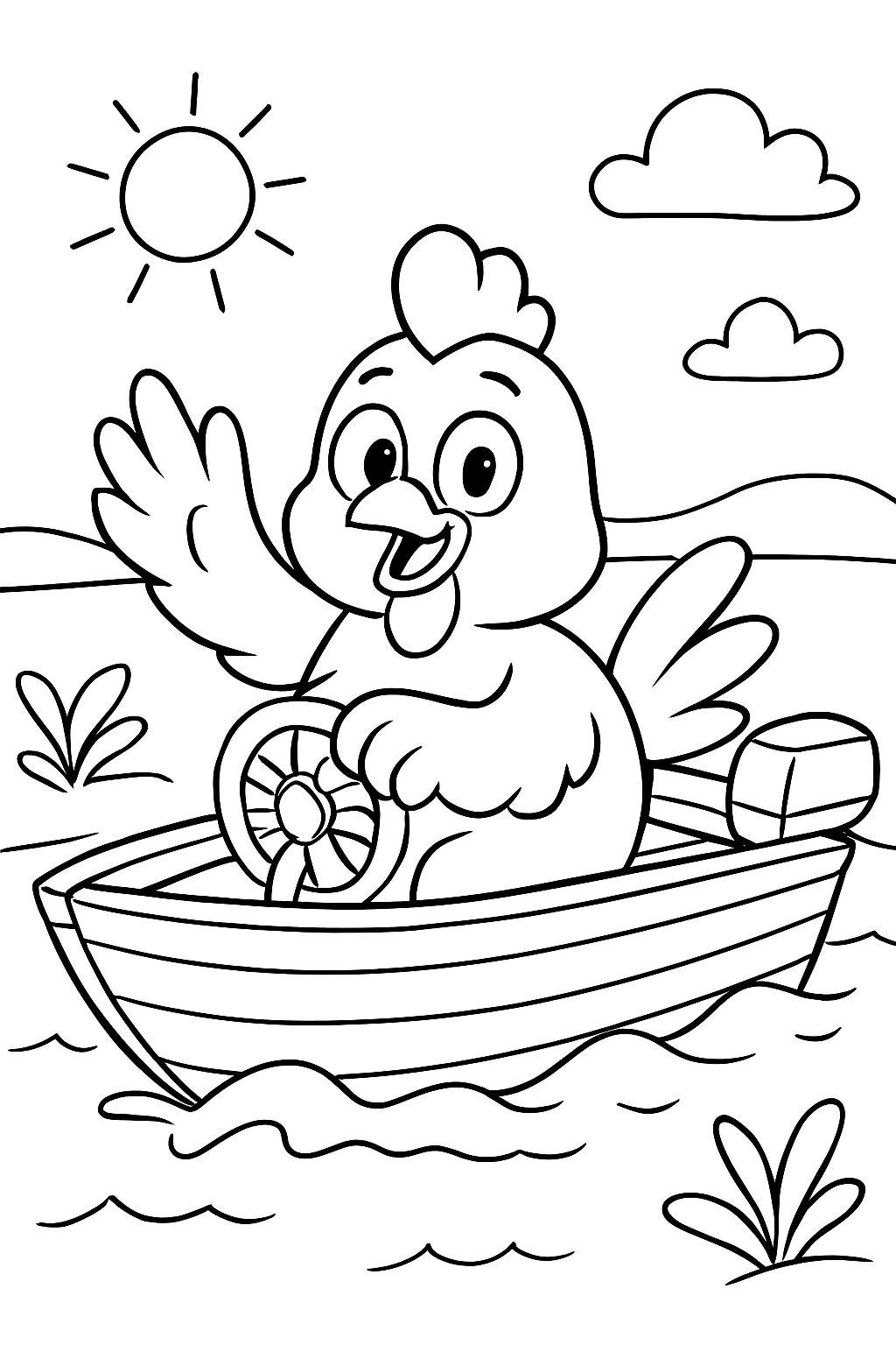 ein fröhliches Huhn in einem Holzmotorboot