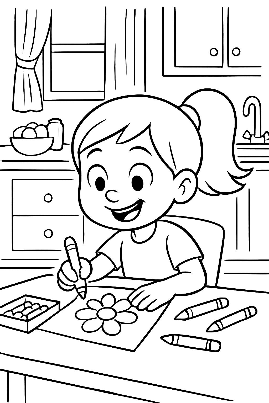 6 year old girl with a ponytail creating art and coloring at a kitchen table. 6 year old girl with a ponytail creating art and coloring at a kitchen table.