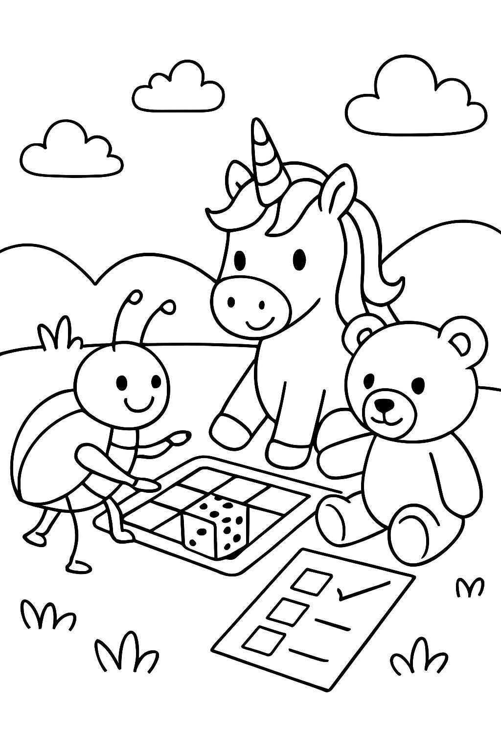Un insecte, une licorne et un ours en peluche jouent à un jeu de dés avec un bloc de vérification.