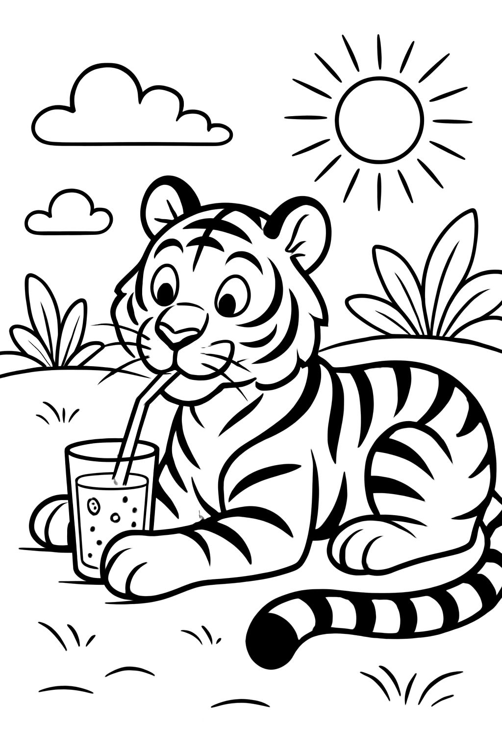 A lying tiger drinking lemonade with a straw