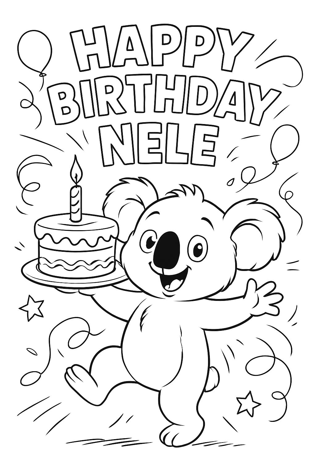a koala with a cake and the text Happy Birthday Nele