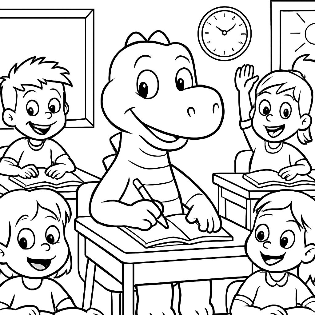 un dinosaurio en el aula con otros estudiantes un dinosaurio en el aula con otros estudiantes