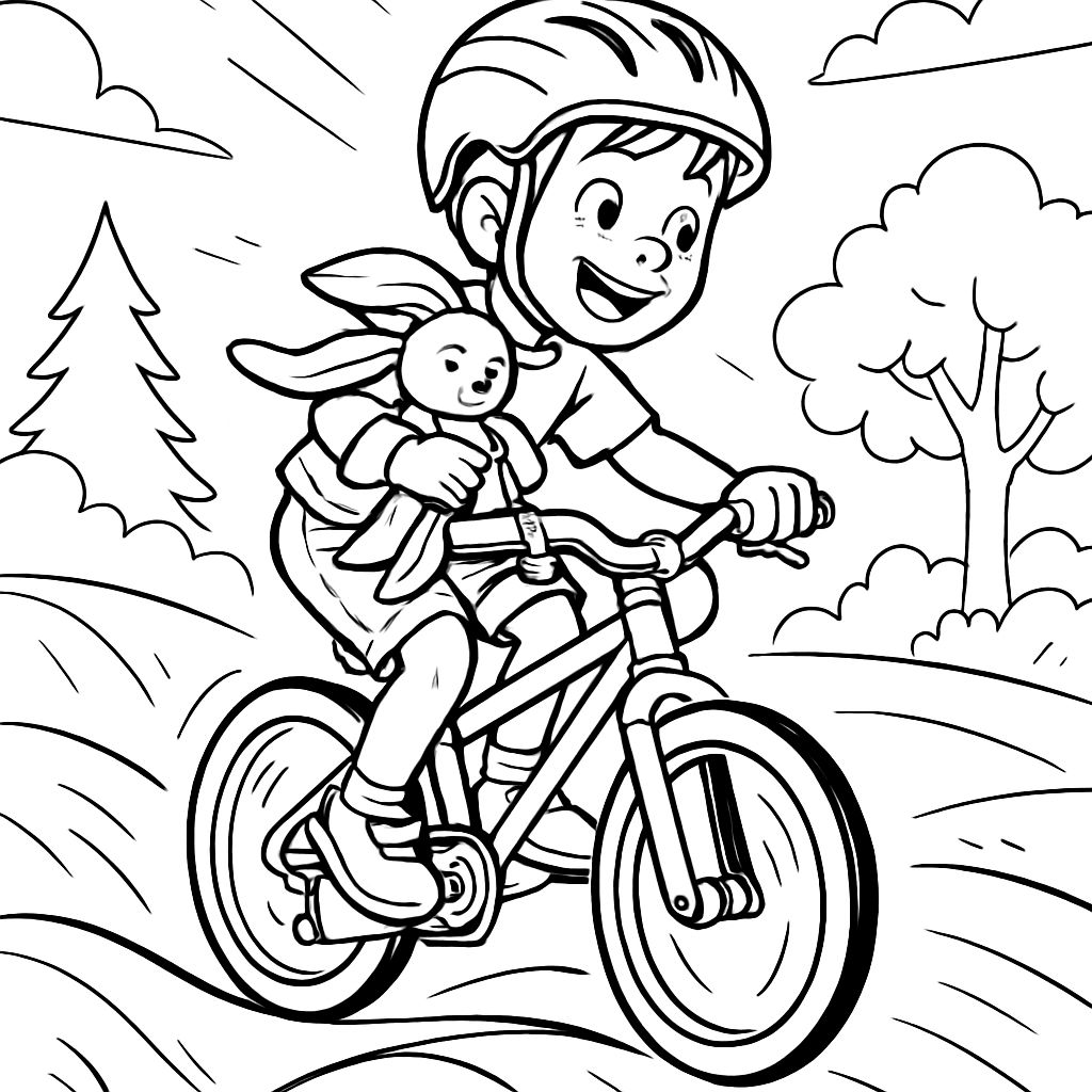 6-year-old boy with a comforter bunny on a bike on a pump track 6-year-old boy with a comforter bunny on a bike on a pump track
