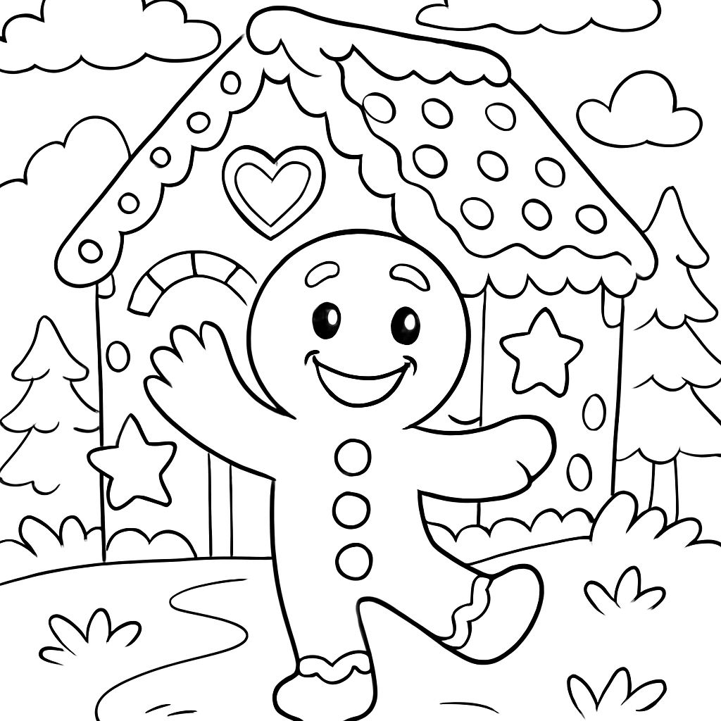 Gingerbread man in front of gingerbread house Gingerbread man in front of gingerbread house