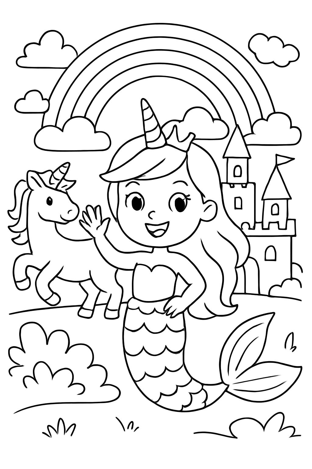 unicorn mermaid rainbow princess in front of a castle