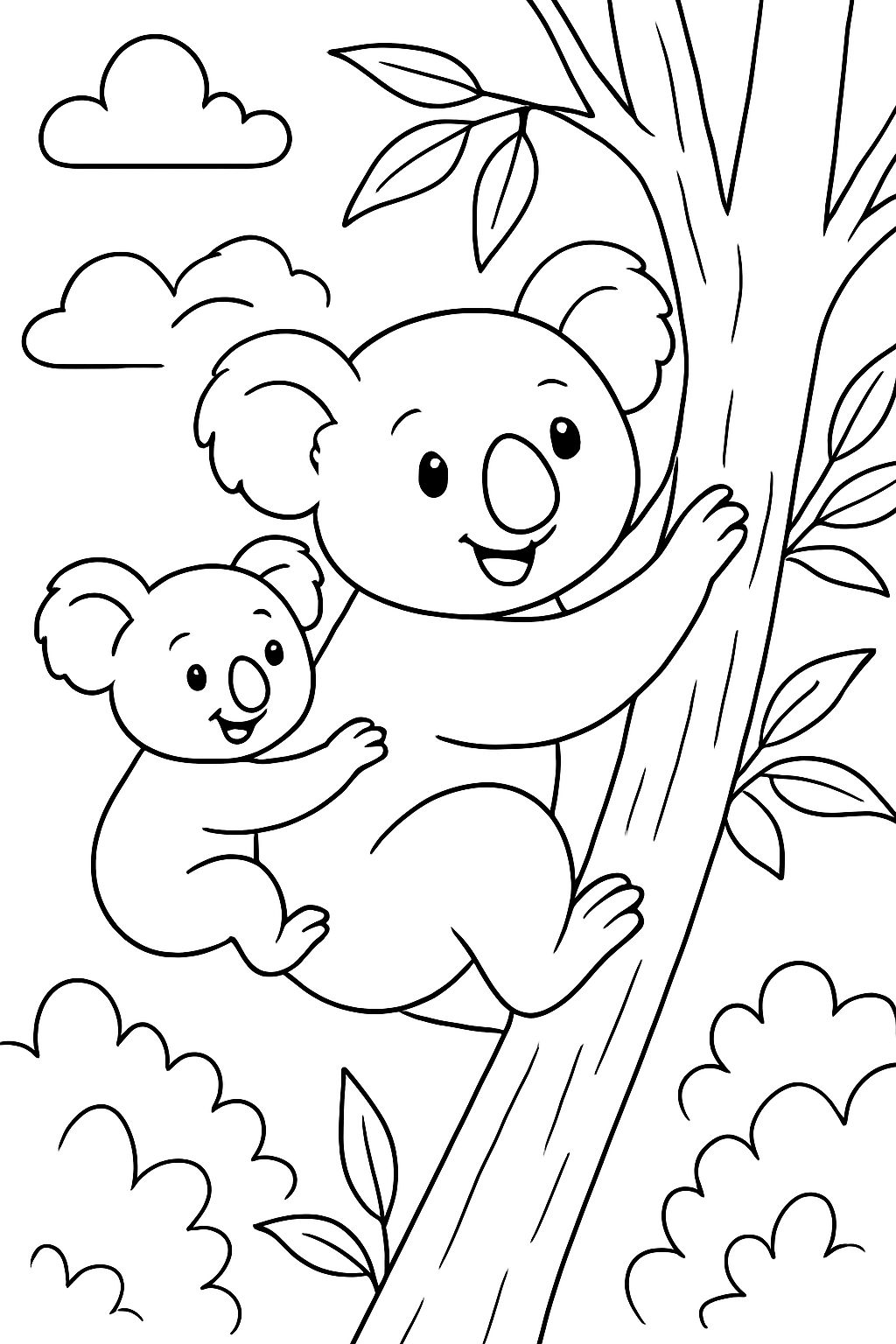 A baby koala practicing climbing with its mom