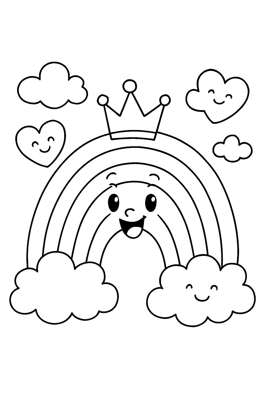 rainbow with a face and crown, and hearts as clouds