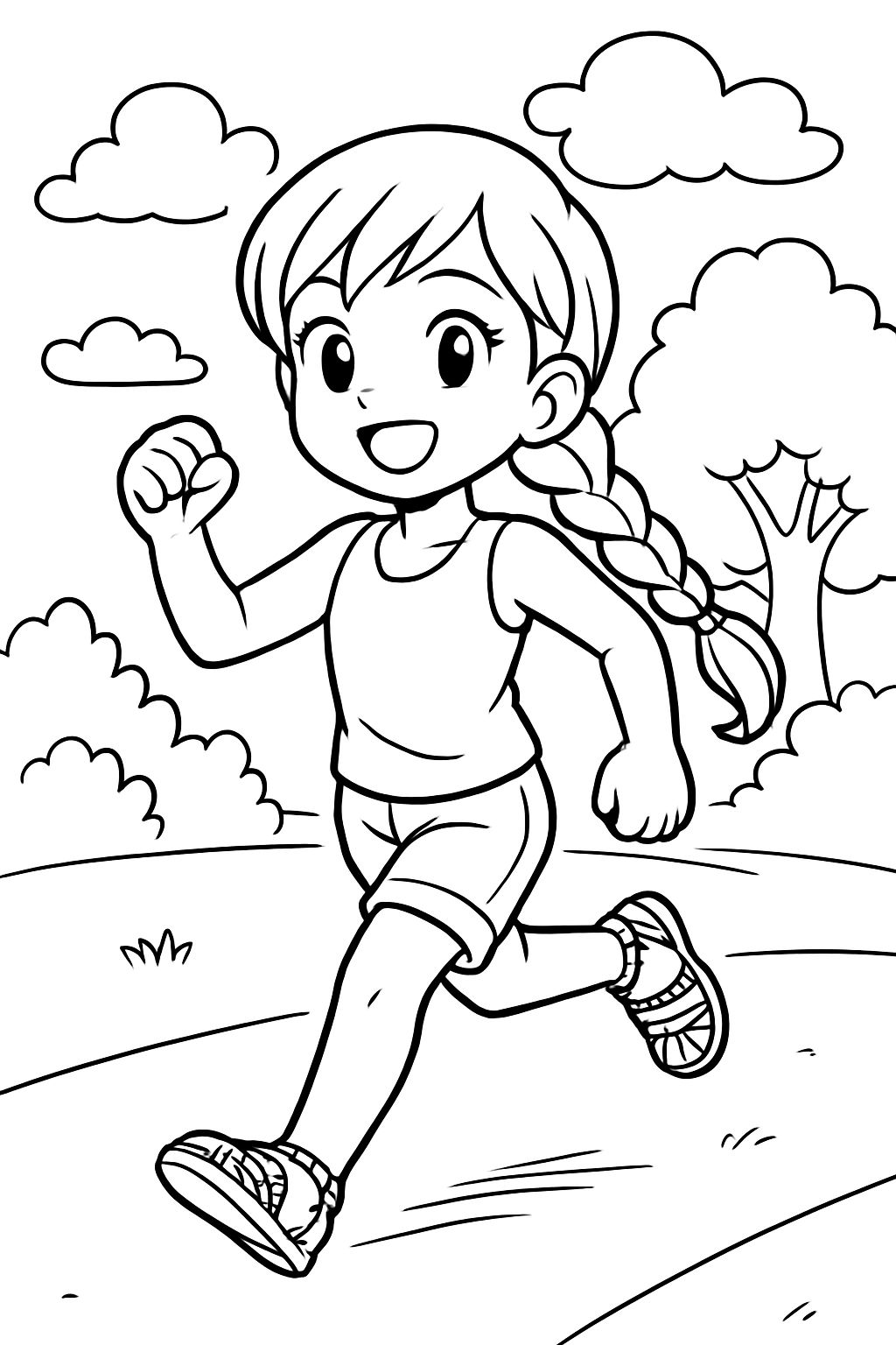 I want a character, a girl with a manga-style braid, put her in a tank top and shorts with braided strap sandals.