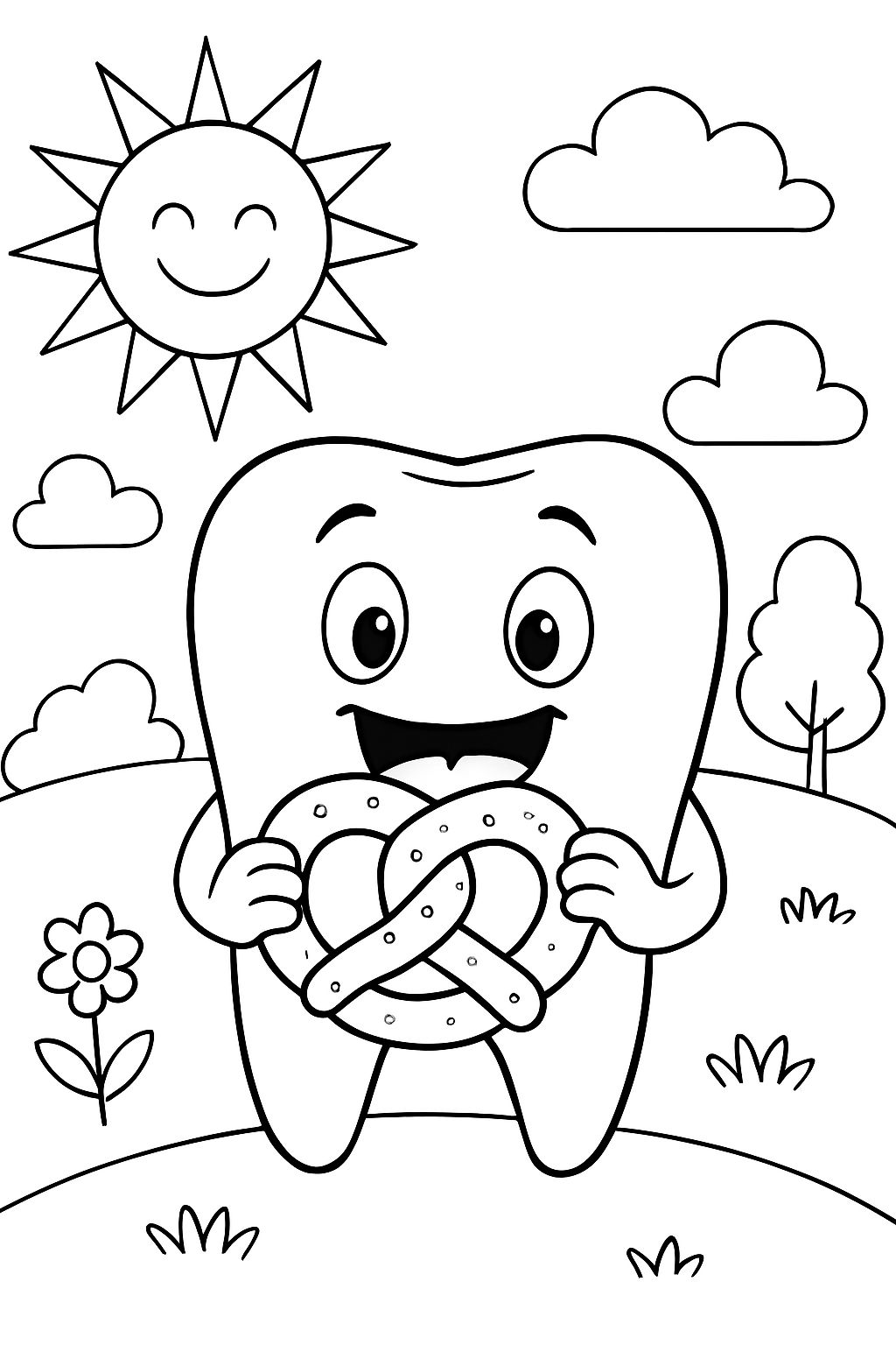 A tooth eating a pretzel