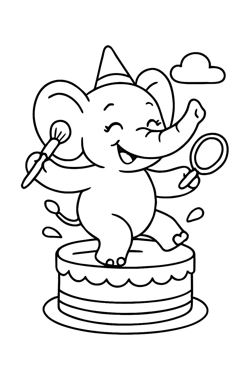 a dancing elephant jumping out of a cake while putting on makeup