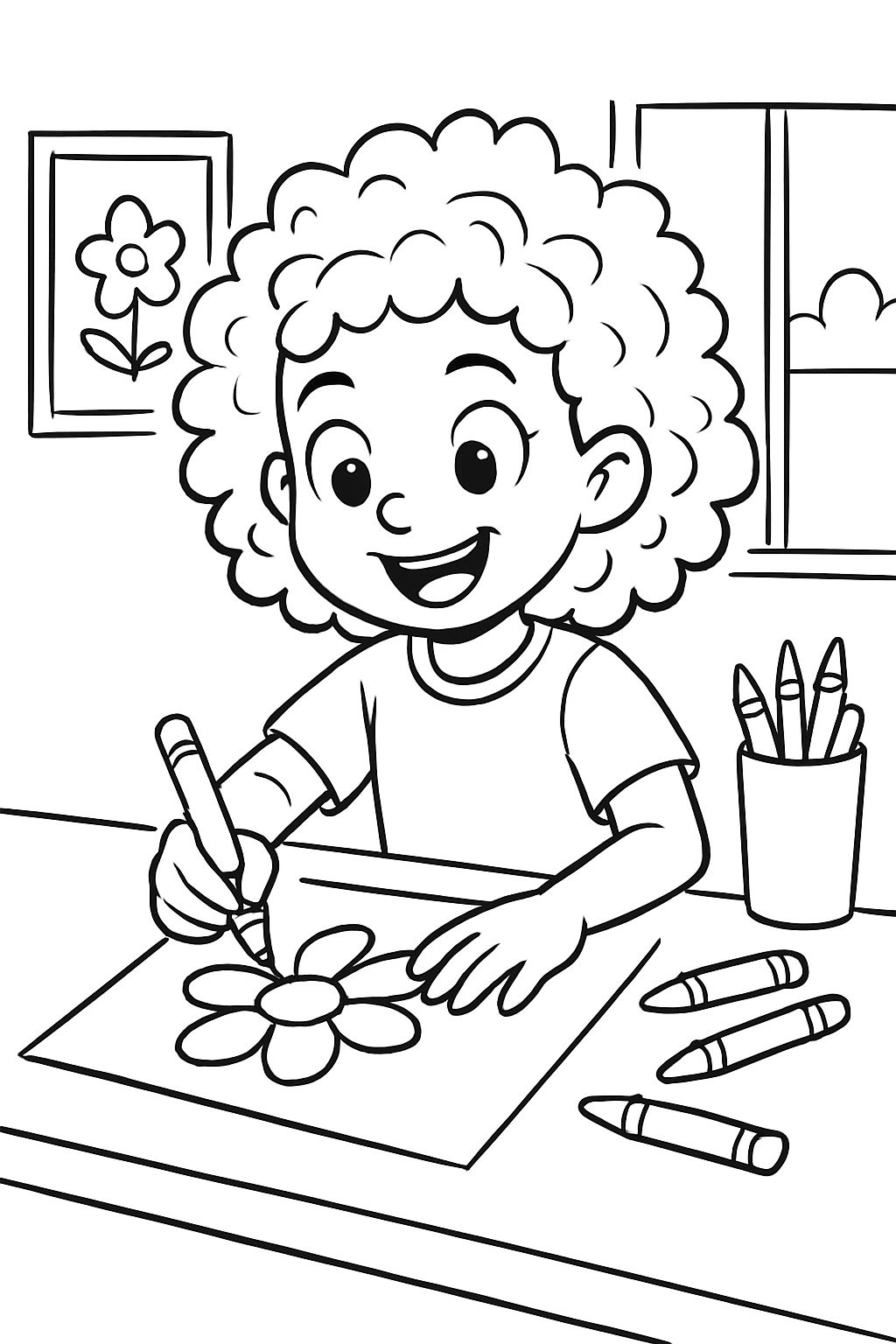Uma menina com cabelo cacheado colorindo.
