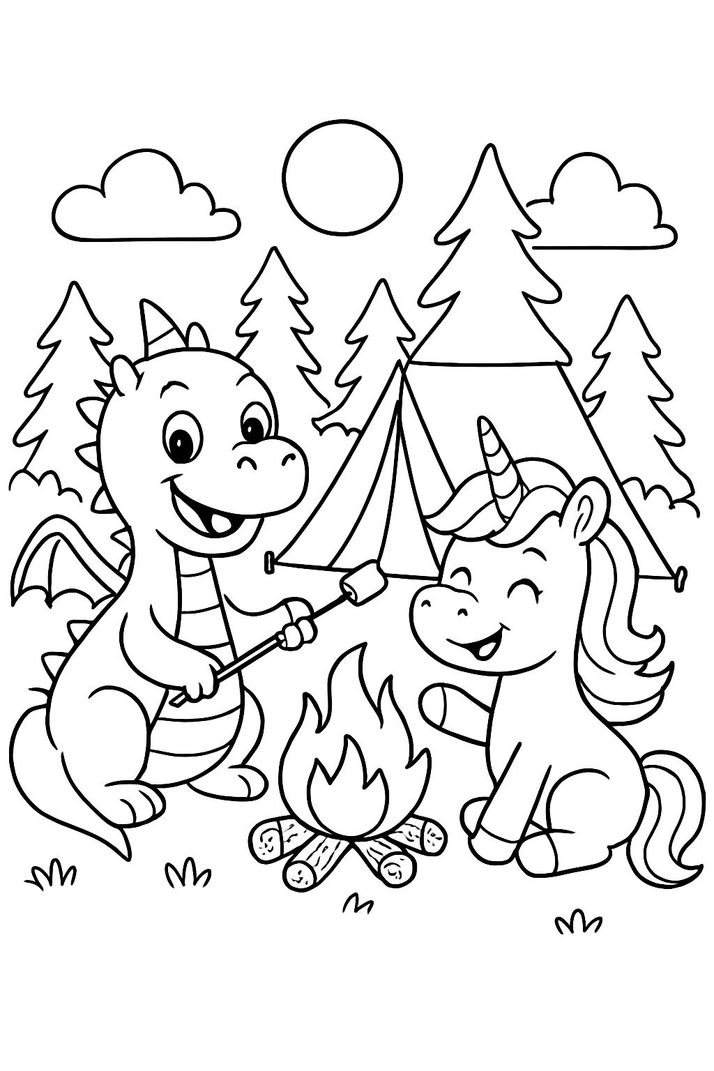 Un dragon et une licorne, en camping