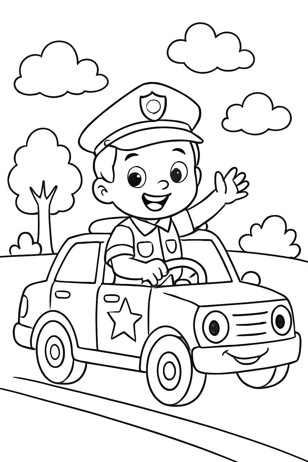 A 3-year-old dressed as a cop in a cop car.