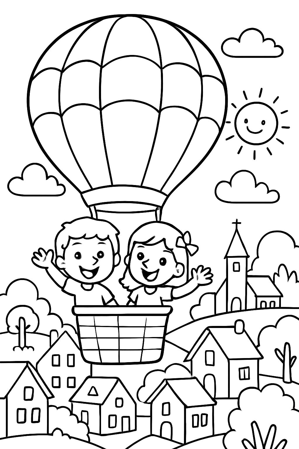 hot air balloon over a quaint village