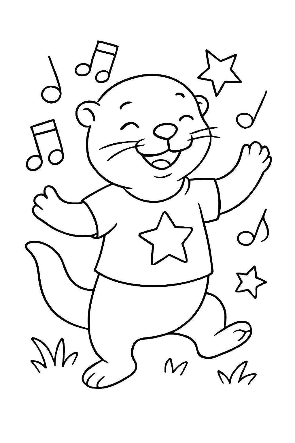 a dancing childlike otter in a solid color t-shirt with stars and notes around