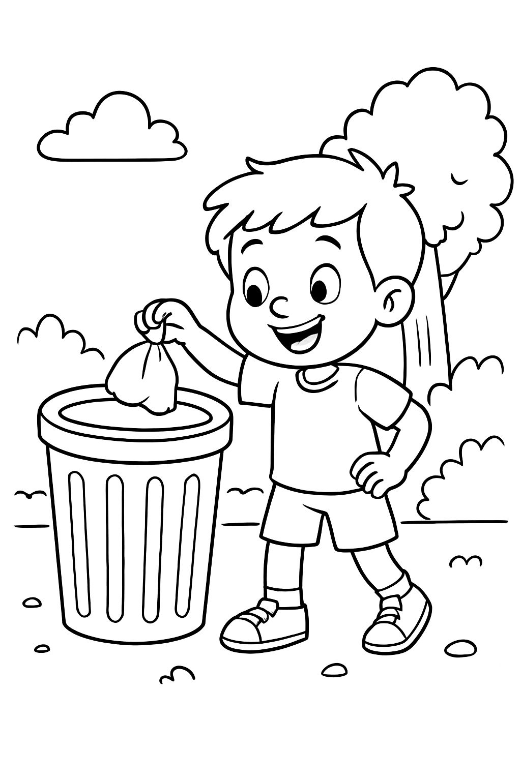 A child throwing trash in a trash can.