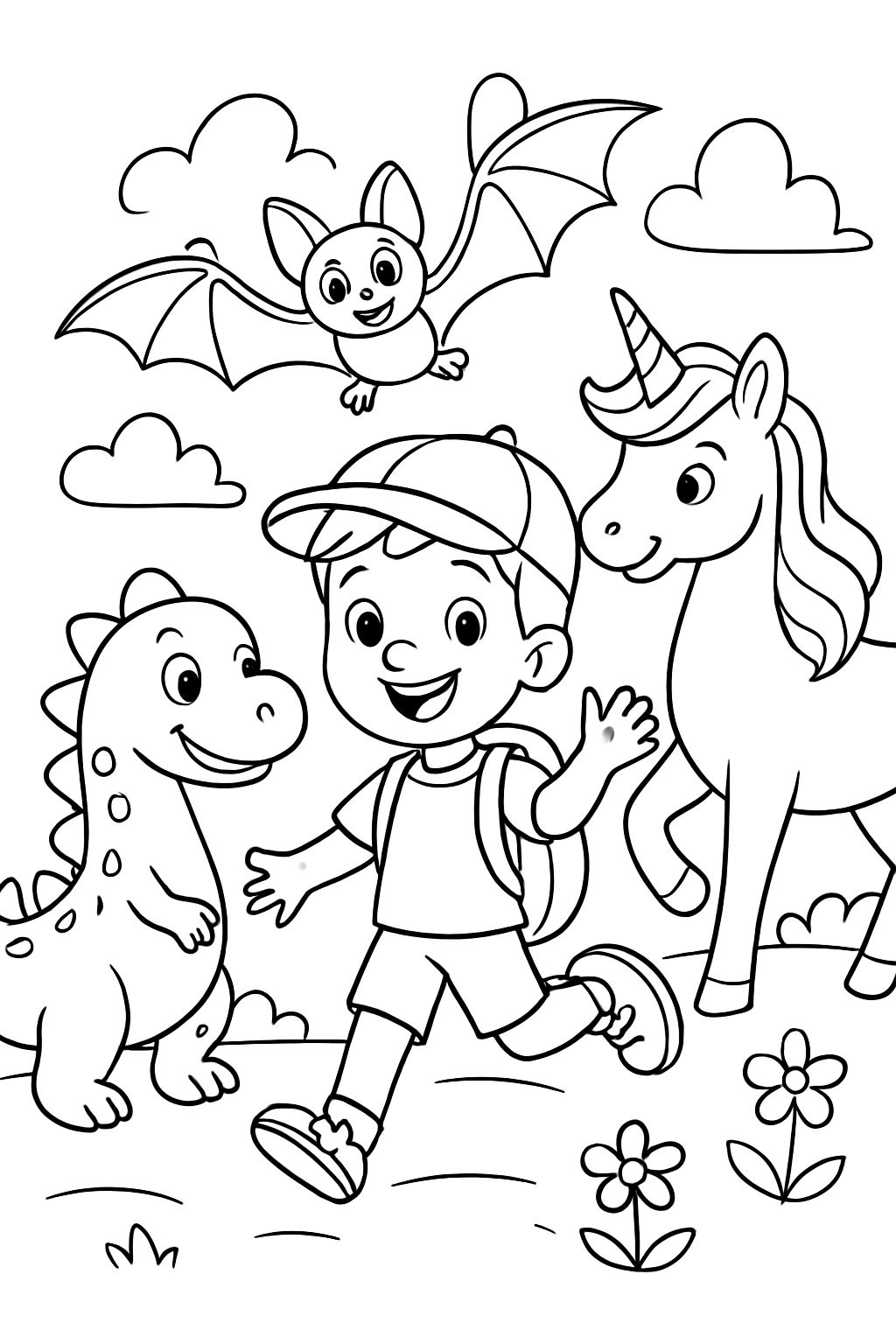 School child and dino and unicorn and bat