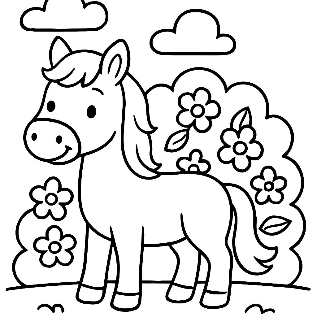 un caballo frente a un arbusto con muchas flores alrededor un caballo frente a un arbusto con muchas flores alrededor