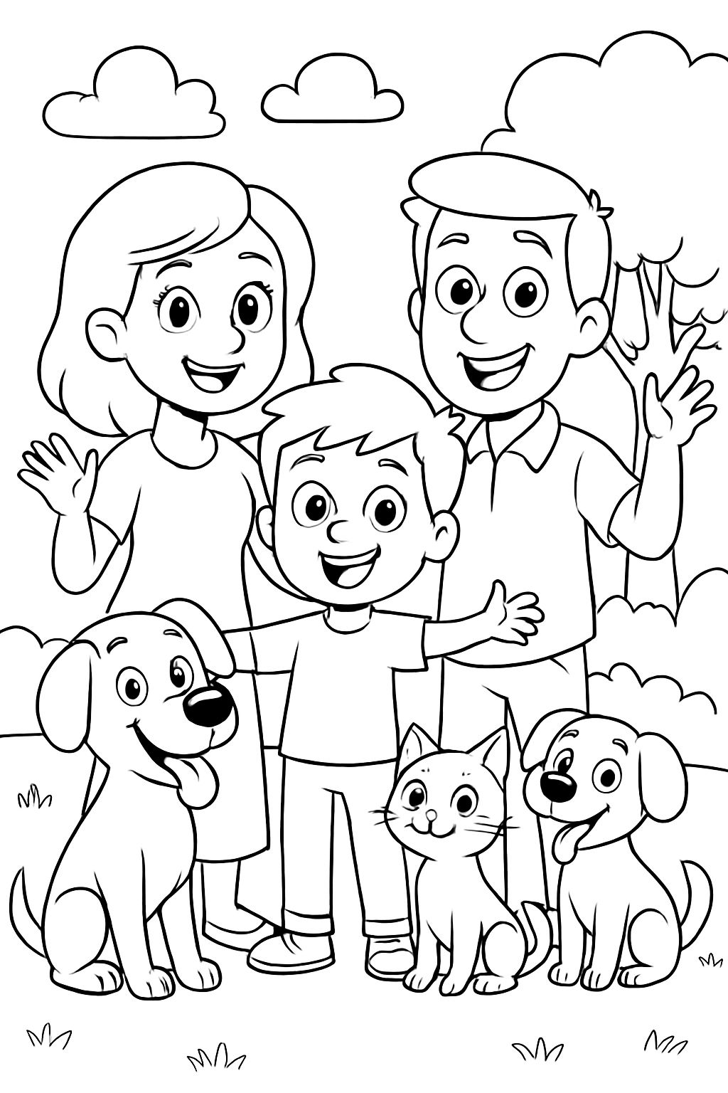 Ein Junge mit seiner Tante, Onkel, 2 Hunden und einer Katze