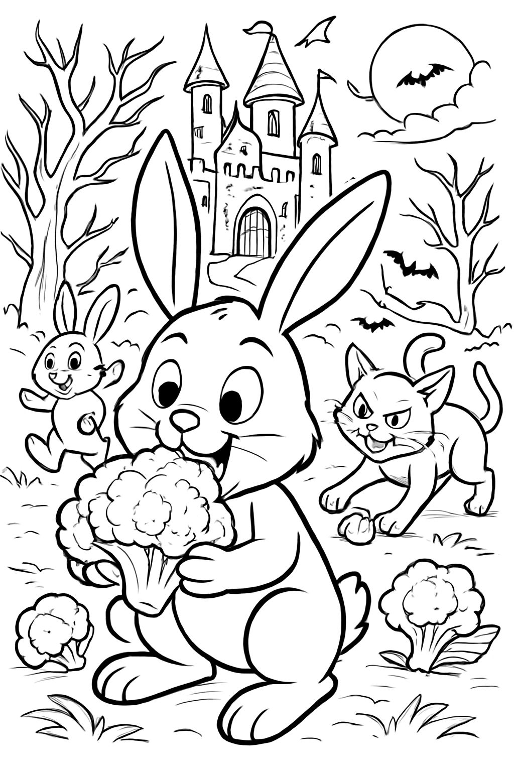 Halloween palace, bunnies, cats, eating cauliflowers.