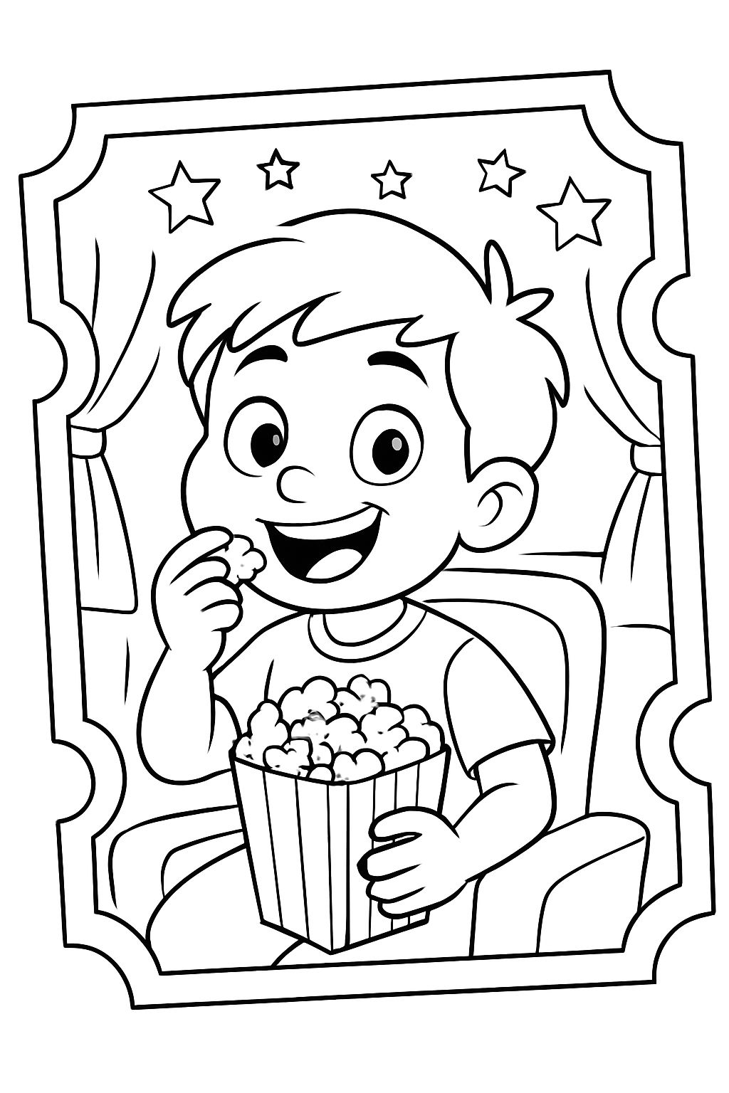 a movie ticket with a boy eating popcorn.