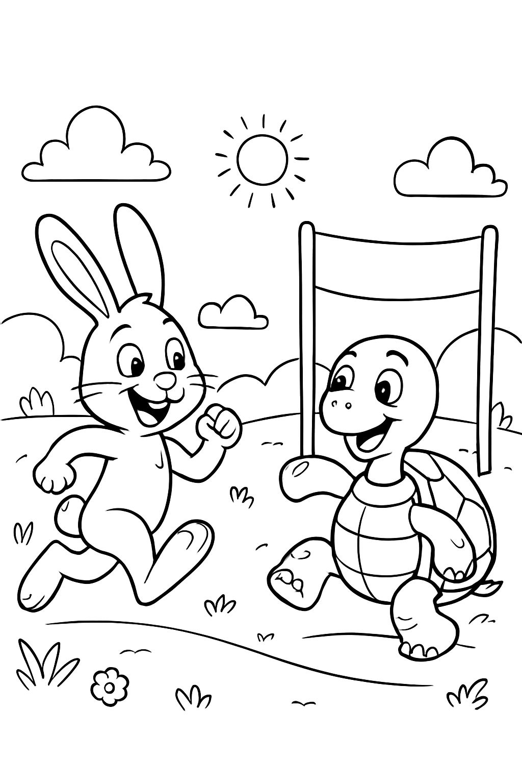 A turtle winning against the hare at the finish line, the hare has two ears.