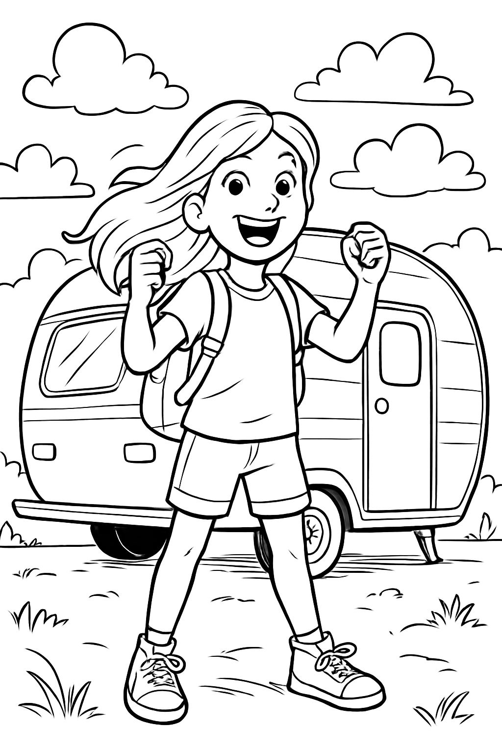 Girl standing in front of a caravan